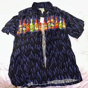 Big Dogs Shirt Mens Blue Flame Short Sleeve Hot Sauce Bottle Y2K Island